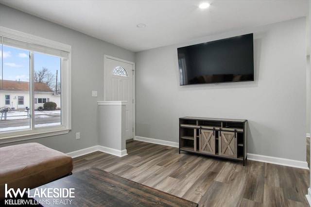 living room featuring dark wood-type flooring