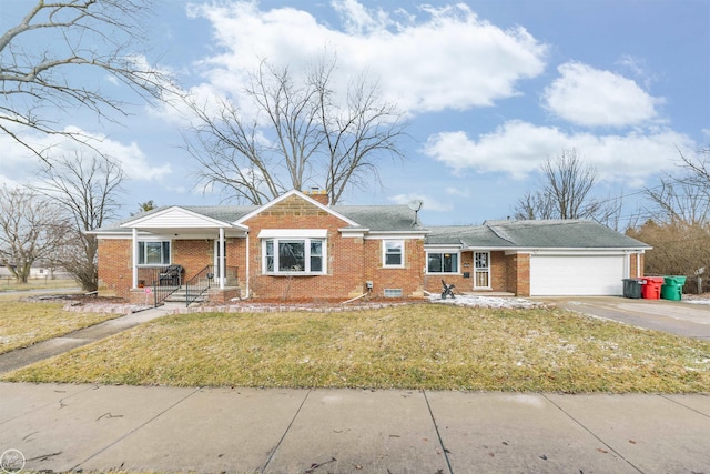 single story home featuring a garage and a front lawn