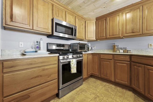 kitchen with wood ceiling and stainless steel appliances