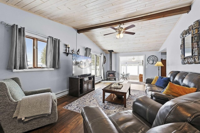 living room featuring wood ceiling, baseboard heating, dark hardwood / wood-style floors, lofted ceiling with beams, and a wood stove