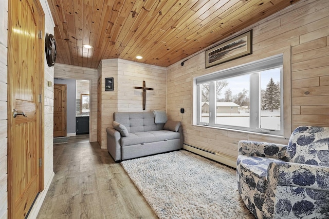 living room featuring wood ceiling and wooden walls