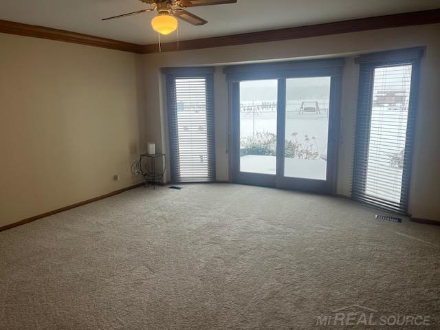 unfurnished room with crown molding, ceiling fan, and carpet floors