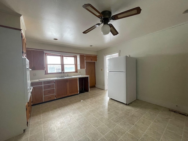 kitchen with ceiling fan, white appliances, and sink