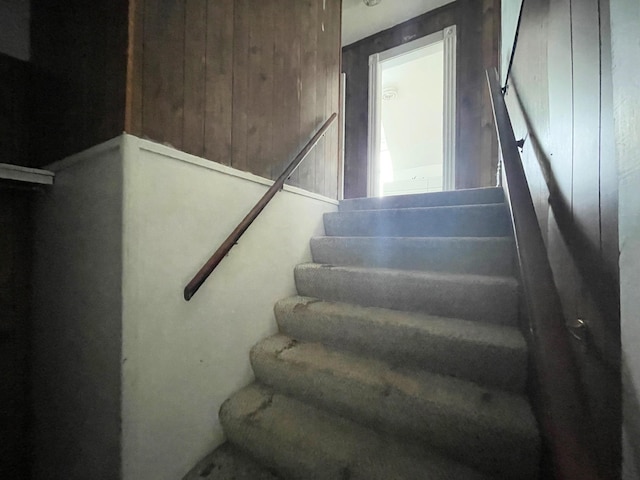 staircase featuring wooden walls