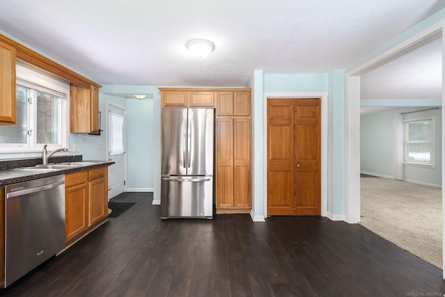 kitchen featuring appliances with stainless steel finishes, dark hardwood / wood-style flooring, and sink