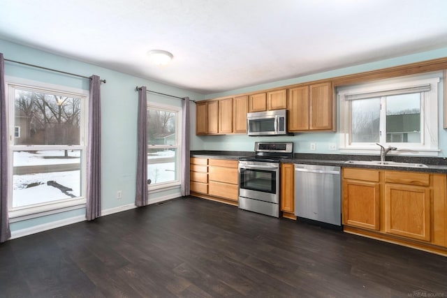 kitchen featuring appliances with stainless steel finishes, dark hardwood / wood-style flooring, and sink