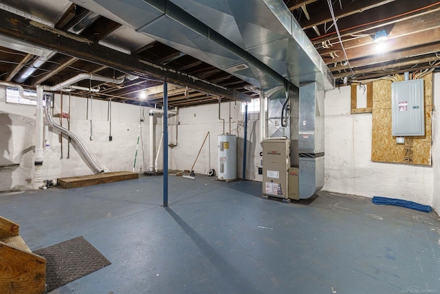 basement with electric water heater, heating unit, and electric panel