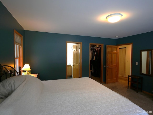 carpeted bedroom featuring connected bathroom and a closet