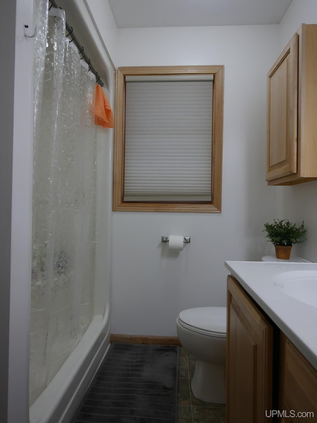 bathroom featuring vanity, toilet, and curtained shower