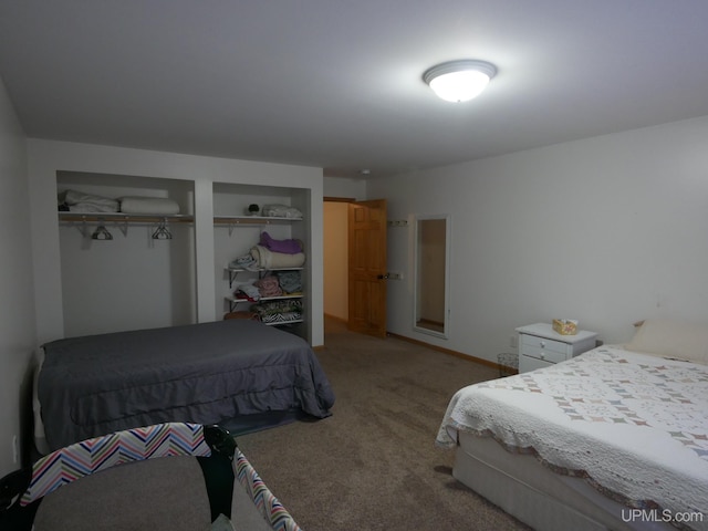 carpeted bedroom with two closets