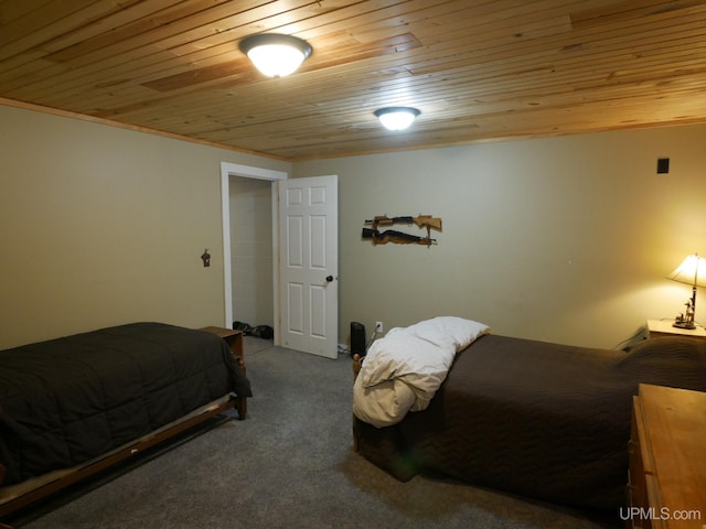 carpeted bedroom with crown molding and wooden ceiling