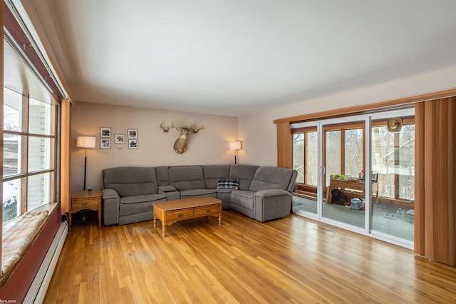 living room featuring a baseboard radiator, a healthy amount of sunlight, and light hardwood / wood-style flooring