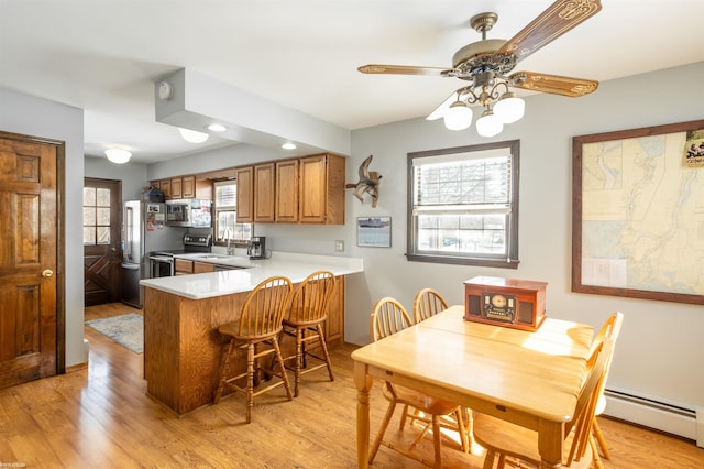 kitchen with baseboard heating, appliances with stainless steel finishes, light hardwood / wood-style flooring, and kitchen peninsula