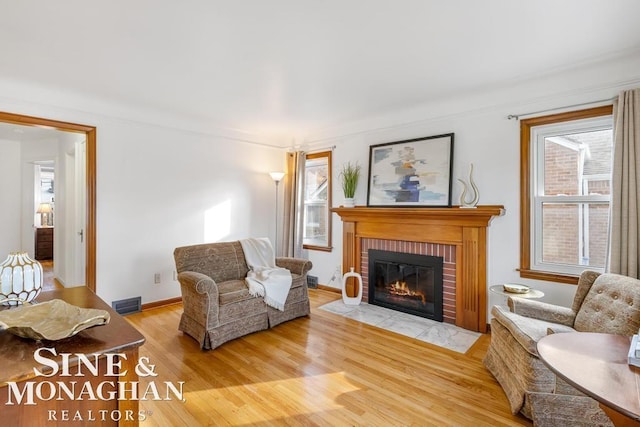 living room featuring a brick fireplace, plenty of natural light, and light hardwood / wood-style flooring