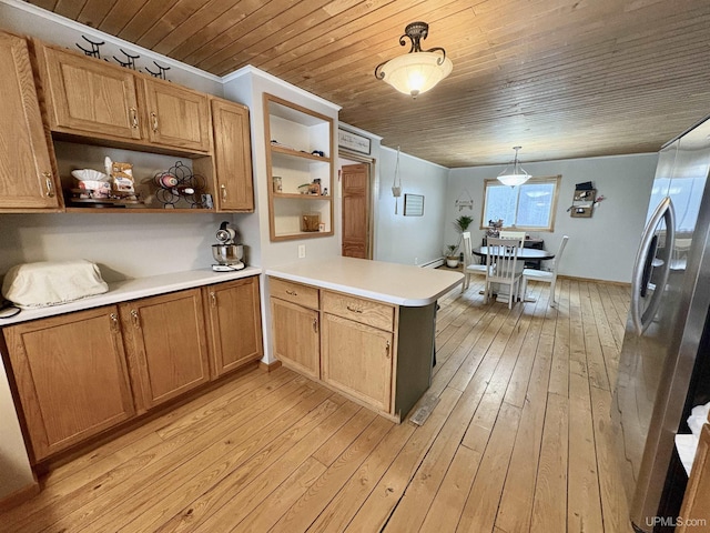 kitchen with decorative light fixtures, light hardwood / wood-style floors, wood ceiling, stainless steel refrigerator, and kitchen peninsula