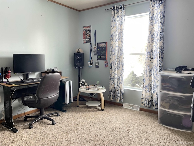 carpeted office featuring ornamental molding