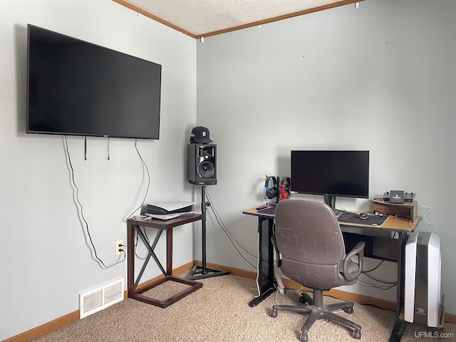 office space with carpet flooring and a textured ceiling