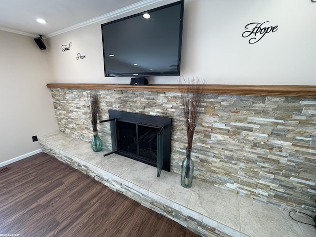 interior details with crown molding and wood-type flooring