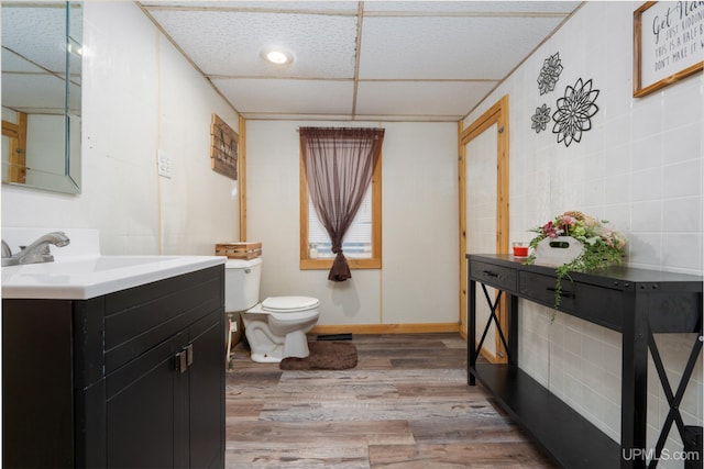 bathroom with toilet, wood finished floors, and vanity