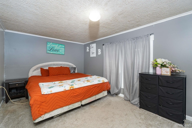 carpeted bedroom with crown molding and a textured ceiling