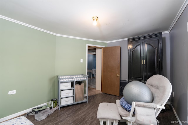 interior space with dark wood-type flooring and crown molding