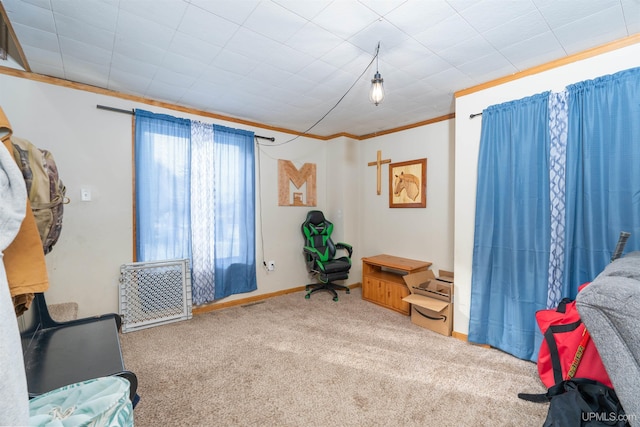 interior space featuring carpet and crown molding