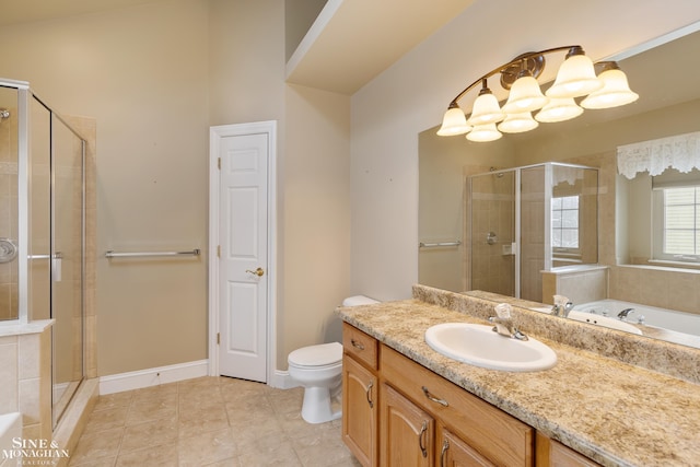 bathroom featuring an enclosed shower, vanity, toilet, and tile patterned floors