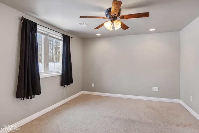 unfurnished room with carpet floors and ceiling fan