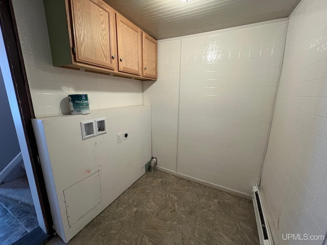 laundry room with cabinets, washer hookup, electric dryer hookup, and baseboard heating