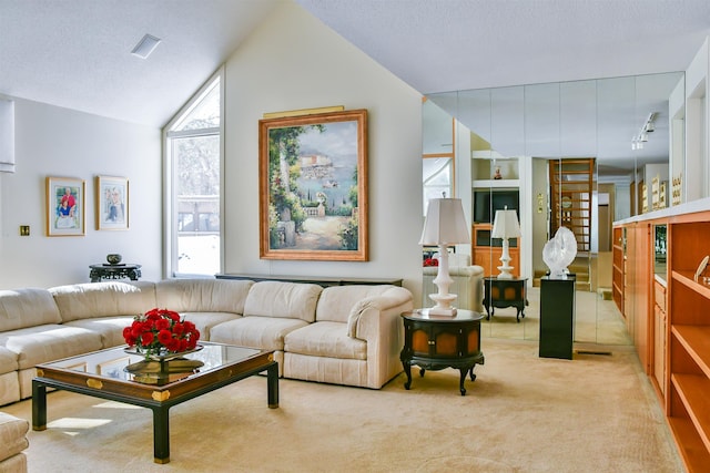 carpeted living room featuring a textured ceiling and lofted ceiling