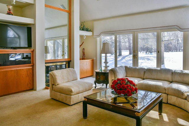 living room featuring light carpet