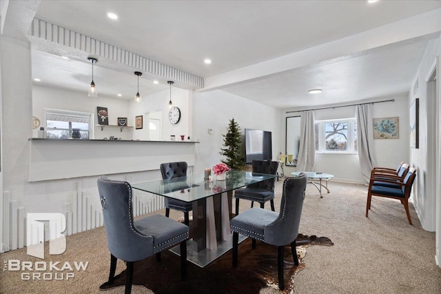 dining area featuring baseboards, carpet flooring, and recessed lighting