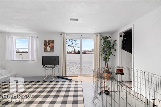 living area with a textured ceiling, visible vents, and baseboards