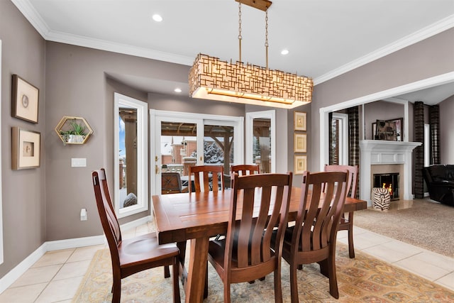 tiled dining room with ornamental molding