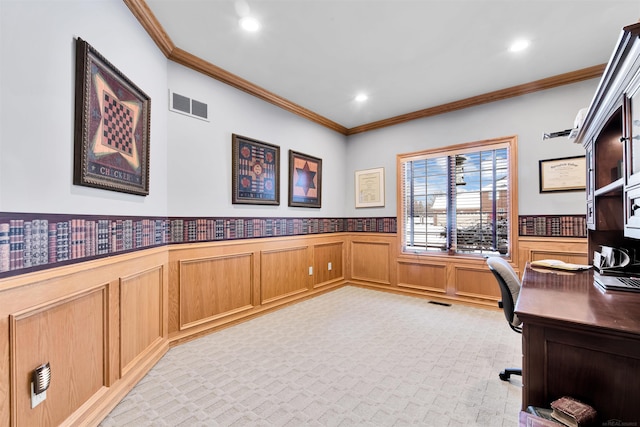 office with light carpet and crown molding