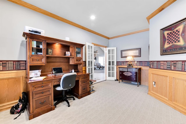 office space with crown molding, french doors, and light colored carpet