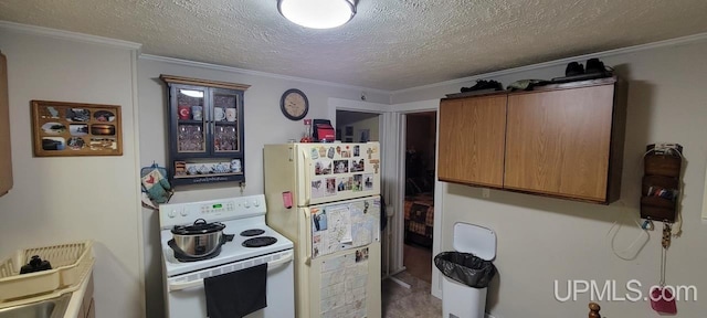 kitchen with a textured ceiling, white appliances, and crown molding