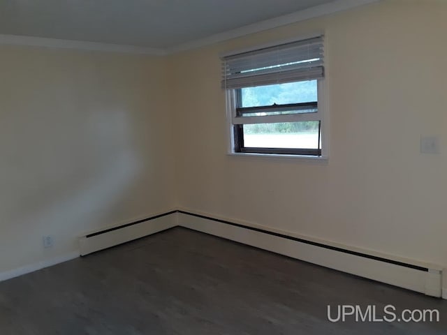 unfurnished room with dark hardwood / wood-style flooring, ornamental molding, and a baseboard radiator