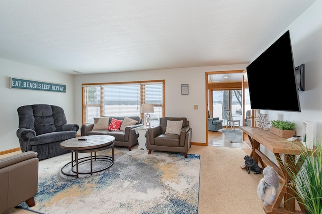 living area featuring baseboards, plenty of natural light, and carpet