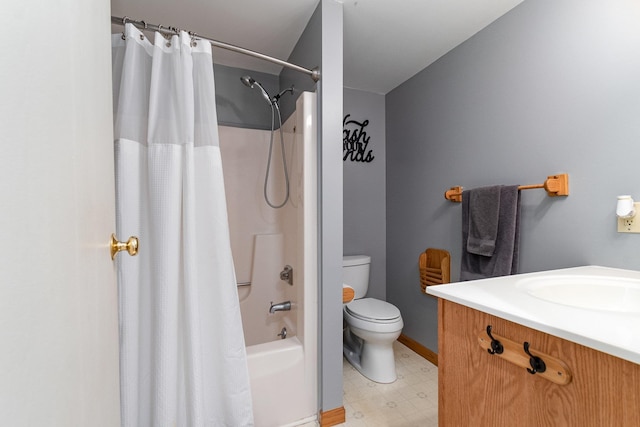 full bath with vanity, shower / bath combination with curtain, baseboards, toilet, and tile patterned floors