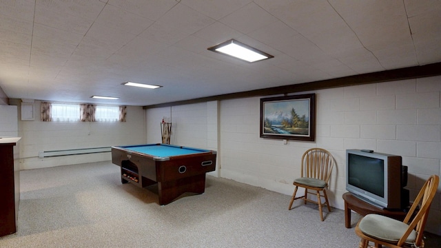 rec room with a baseboard heating unit, pool table, concrete block wall, and light colored carpet