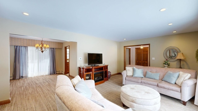 living area with recessed lighting, light colored carpet, a notable chandelier, and baseboards