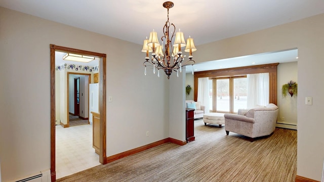 living area featuring baseboards, a baseboard radiator, a notable chandelier, and light colored carpet