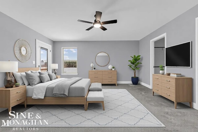 bedroom with baseboards, ceiling fan, and light colored carpet