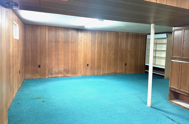 finished basement with carpet floors and wooden walls