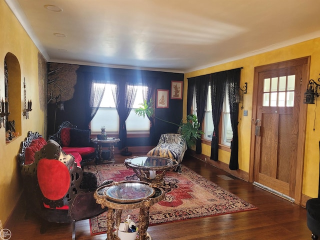 living room featuring dark wood finished floors and baseboards