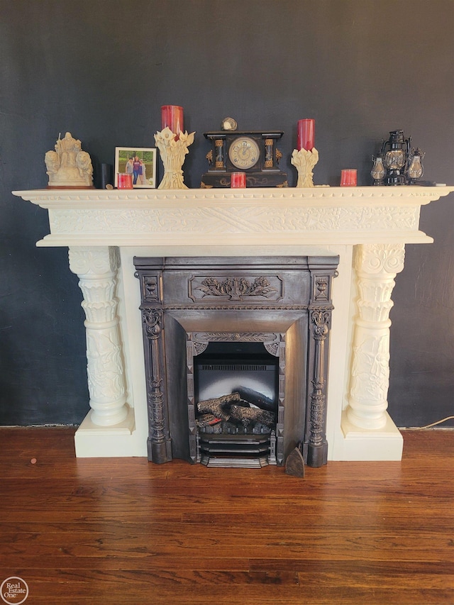 room details with a fireplace and wood finished floors