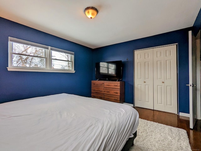 bedroom featuring dark wood finished floors and a closet