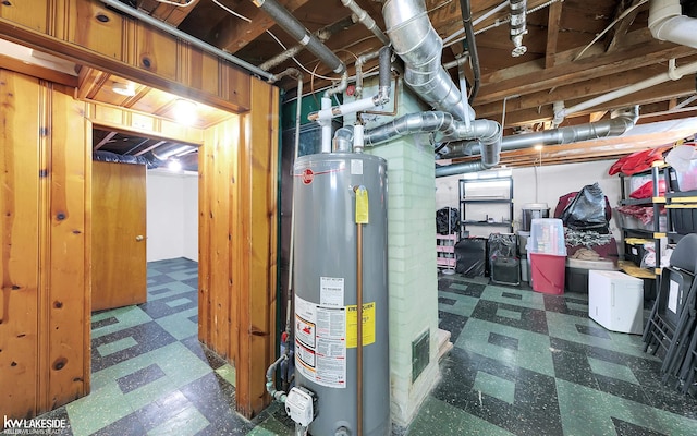 unfinished below grade area featuring dark floors and water heater