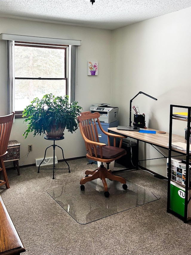 office featuring a textured ceiling, carpet flooring, and baseboards